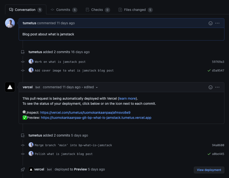 Vercel bot automatically creates preview build for pull request
